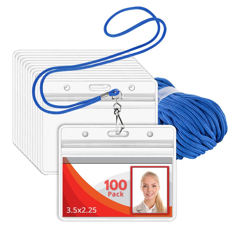 MIFFLIN Lanyard (Blue, 3.5x2.25 inch, 100 Pack) with Clear Plastic Horizontal ID Badge Holder, Heavy Duty Name Pouch with Soft, Woven, Neck Lanyards - Image 1
